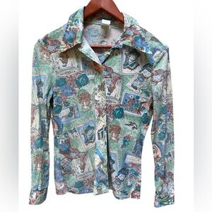 1970s Art Deco‎ Style Print Dagger Collar Acetate/Nylon Front-Button Down Shirt